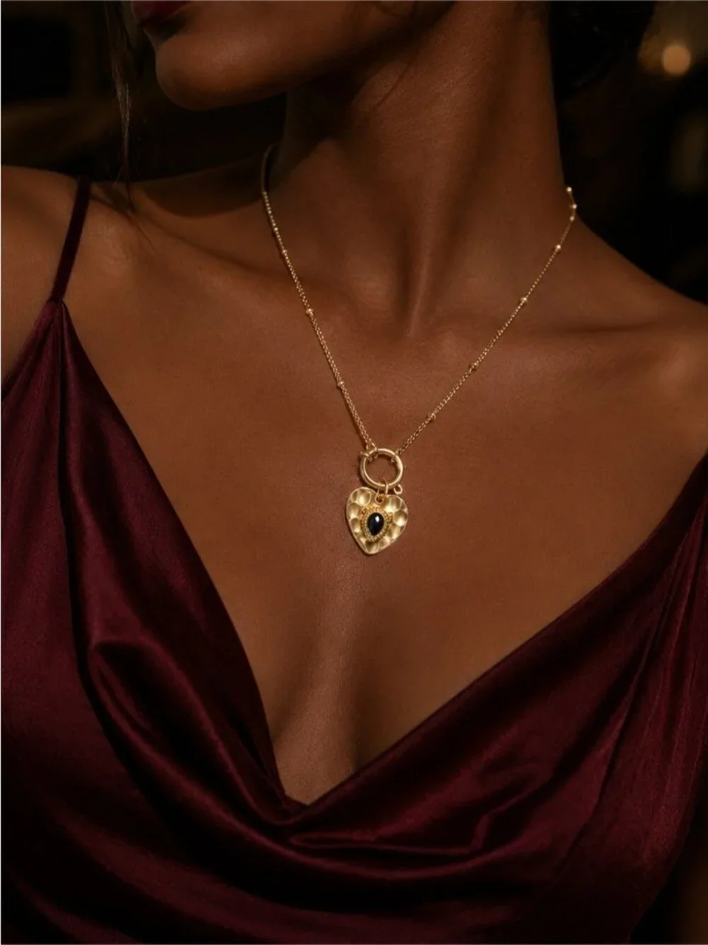 Gold plated Heart Pendant Necklace with Black Teardrop Accent